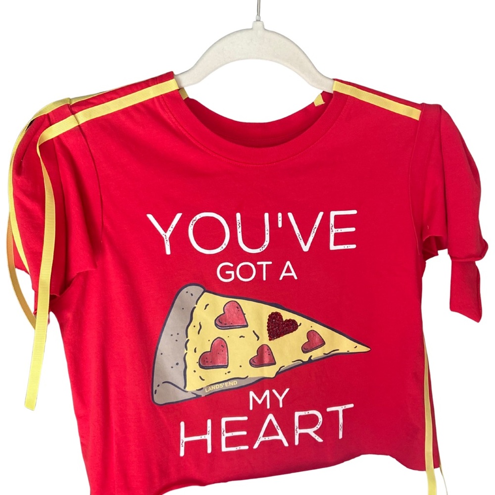 Lands' End Red Crop Top with Pizza Heart Graphic and Yellow Trim Upcycled XS